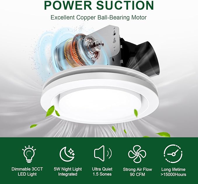 Akicon Bathroom Exhaust Fan with Light, 90 CFM, 1.5 Sones, 15W Dimmable 3CCT LED Light with 5W Night Light Ventilation fan for Bathroom, Kitchen and Home, Round, Silver