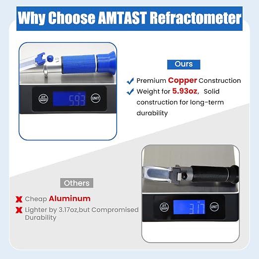 0-32% Brix Refractometer Specific Gravity 1.000-1.120 Beer Refractometer with ATC Hand Held Brix Refractometer for Fruit Beer, Wine, Made of Copper Not Cheap Aluminum (Model AMR008)