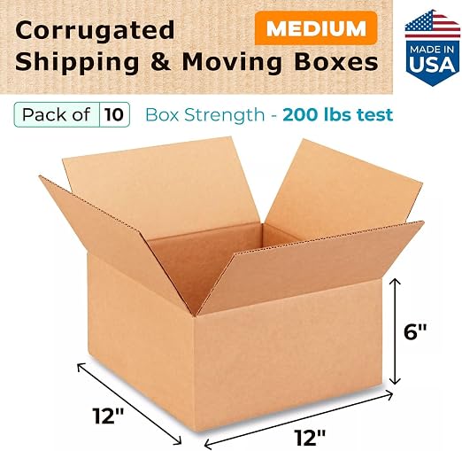 Medium Moving & Shipping Boxes 12x12x6 inches (10-Pack) - Extra Strength 200 lb vs Regular - USA-Made Corrugated Boxes for Packaging - Medium Box for USPS, UPS, FedEx - Carton Box by IDL Packaging
