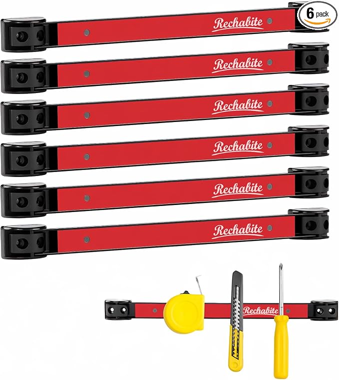 6 Pieces 12" Magnetic Tool Holder Strip, Red Magnet Bar, Metal Tool Organizer Rack for Garage Organization, Easy To Install in Workshop, Mounting Screws Included