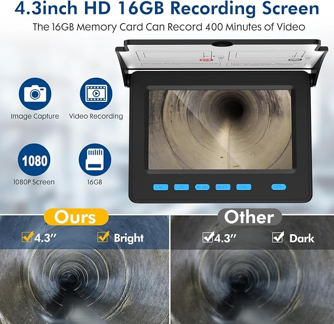 Pipe Snake Sewer Camera 100ft,Waterproof 16GB DVR JQKJCAM 0.67in/17mm Plumbing Borescope Camera for Drain Hole Wall Inspection, Cable wtih Length Marks (30M)
