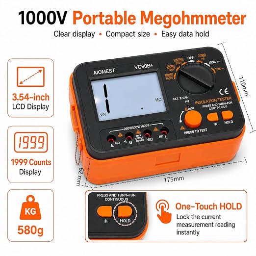 AIOMEST Digital Megohmmeter Megaohm Meter with 250V/500V/1000V Test Voltage Testing Insulation Resistance IR 0.1MΩ~2GΩ, Measure AC DC Volt Ohm, Continuity Tester, Megaohmeter w/Over-Range Indicator