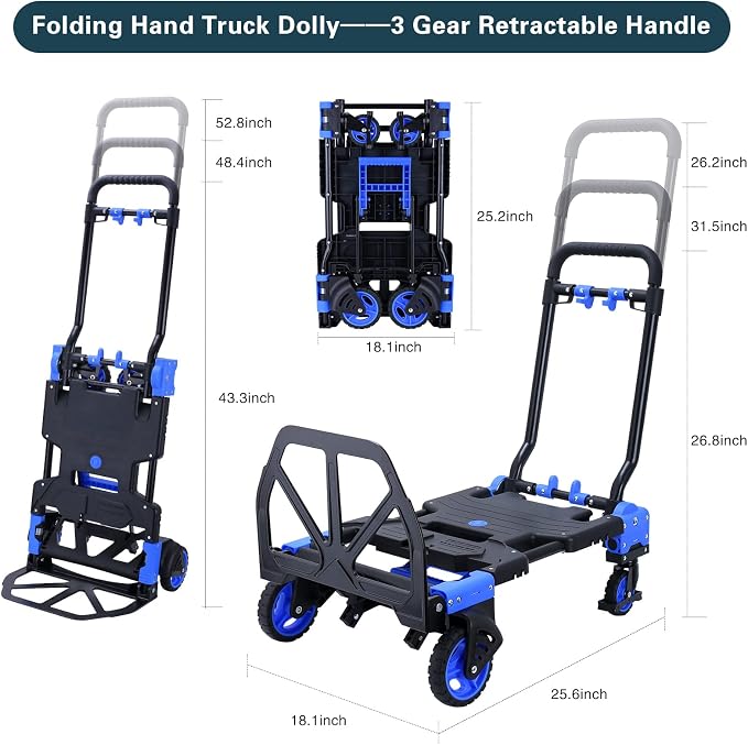 2-in-1 Hand Truck Dolly Foldable,330LB Capacity Hand Dolly,Folding Hand Cart with Retractable Handle,Hand Truck Foldable with 4 Wheels,Portable Handtruck