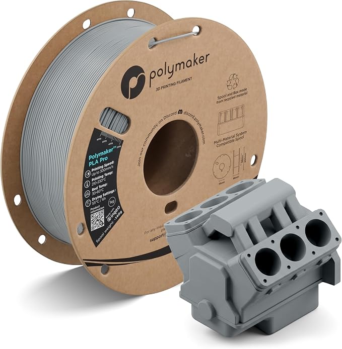 Polymaker PLA Pro 3D Printing Filament Grey 1.75mm 1KG, High-Impact Tough PLA, Fast Printing up to 300mm/s, Easy to Print, No Enclosure Required, High Speed New Formula, Formerly Polysonic PLA Pro