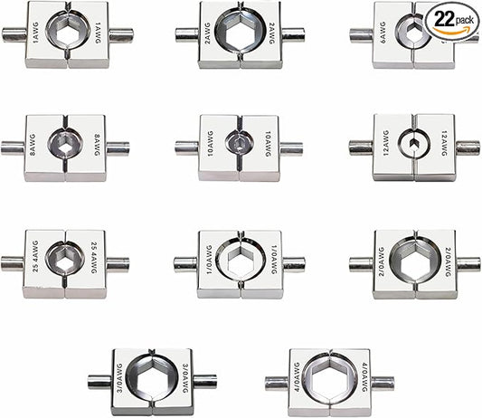 11 Pairs Hydraulic Crimper Dies Set for YQK-70, US Standard 12 AWG to 4/0 AWG, Heavy Duty Hexagonal Crimp Dies for Battery Terminals and Electrical Lugs (Dies Only)
