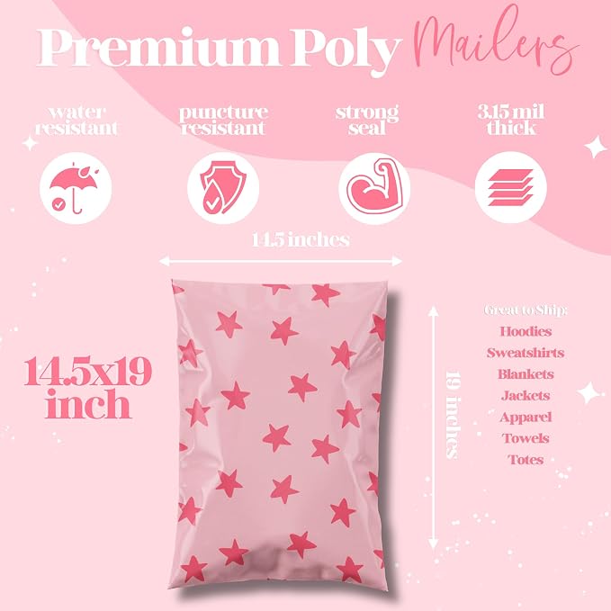 Pretty Package Store Poly Mailer 14.5x19, Pink Seeing Stars, 100 Pack | Heavy Duty, Waterproof, Self Seal, Tear Resistant, Shipping Bags for Small Business Packaging, Bulk Mailing Envelopes