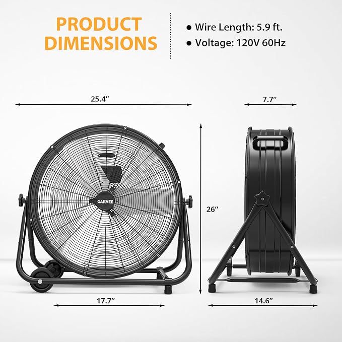 Garvee 24 in Industrial Floor Fan, 3 Speed High Velocity Drum Fan, Heavy Duty Metal Floor Fan Barrel Fan for Commercial, Workshop, Patio, Warehouse, Factory, Garage