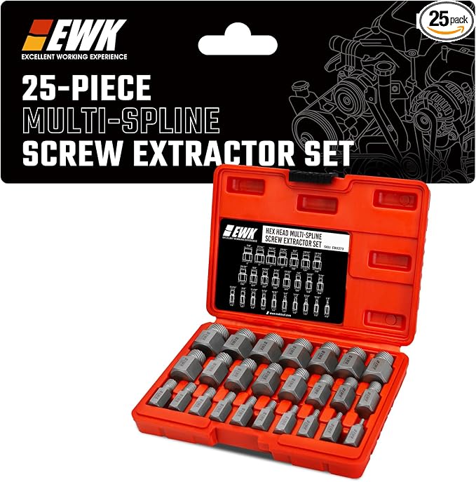 EWK 25-Piece Multi-Spline Screw Extractor Set, CR-MO Easy Out Bolt and Screw Remover for Stripped Screws, Rounded Bolts, Damaged Hex Heads, Broken Studs, and Rusted Fasteners