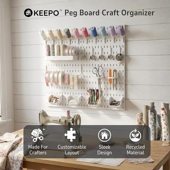 Keepo Title Peg board Kit, Pegboards and Accessories Modular Hanging for Craft, Plastic Pegboard Wall Organizer for Craft Room, Office, Tool Organizer (White, 22″×22″)