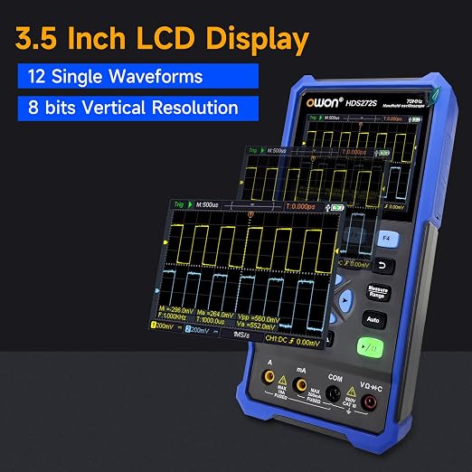 Handheld Lab Oscilloscope Multimeter, 2 Channels, 70MHz Bandwidth, 250MSa/s Sampling Rate, 20000 Counts, 3 in 1 Portable Digital Automotive Oscilloscope, Voltage, Current, Capacitor HDS272S