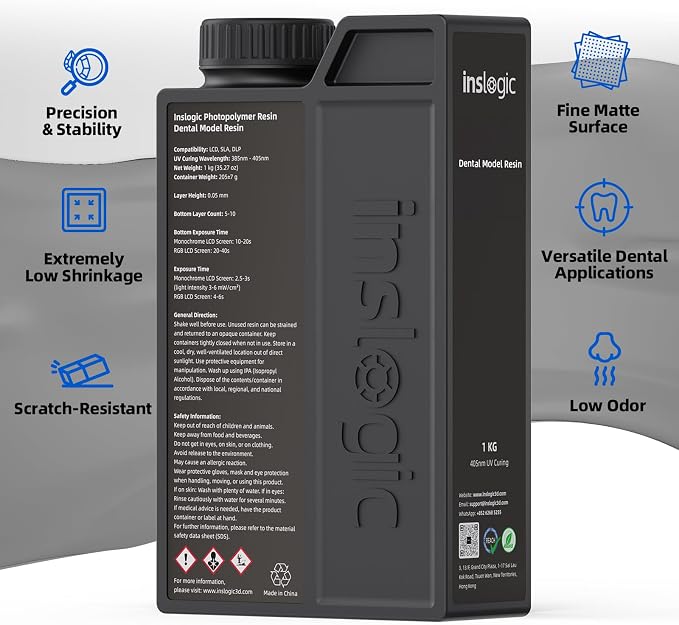Inslogic Dental Model 3D Printer Resin, High Accuracy Resin for Restorative Models, Low Shrinkage, Low Odor, 405nm UV-Curing Resin for LCD, DLP, SLA 3D Printing (Gray, 1kg)