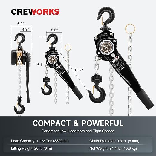 CREWORKS Lever Chain Hoist, 1-1/2 Ton 3300 lb Capacity 20 ft Manual Chain Hoist with G80 Galvanized Chain & Swivel Hooks, Heavy Duty Manual Lever Hoist for Construction Warehouse Automotive Factory