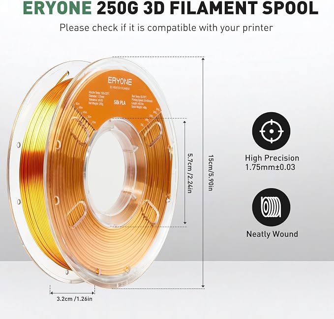 ERYONE PLA Filament 3D Printer Filament Bundle Multicolor 1.75mm +/- 0.03mm, PLA Filament 250g Spool, 4 Rolls, Silk Pla 3