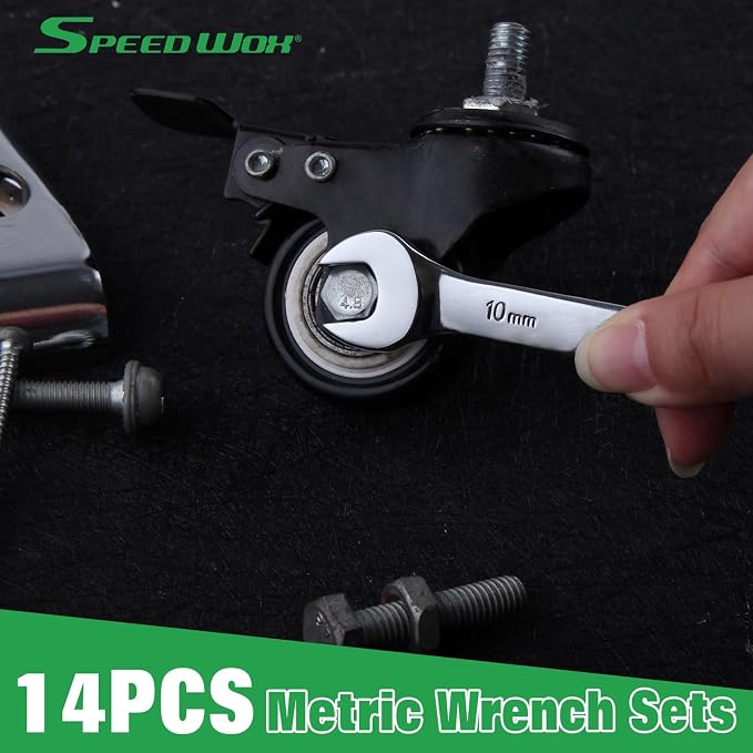 SPEEDWOX 14-Piece Essential Metric Combination Wrench Set Metric 8mm to 24mm 12 Point Combination Wrench Sets in Roll-up Pouch for General Household Garage Chrome Vanadium Steel Mirror Chrome Finish