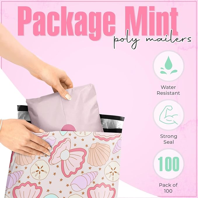 Package Mint Poly Mailers 10x13-100 Pack Coastal Seashells Design Poly Mailer Shipping Bags - Waterproof, Tear-Resistant, Self Adhesive Seal - Decorative Mailing Bags for Clothes and Accessories