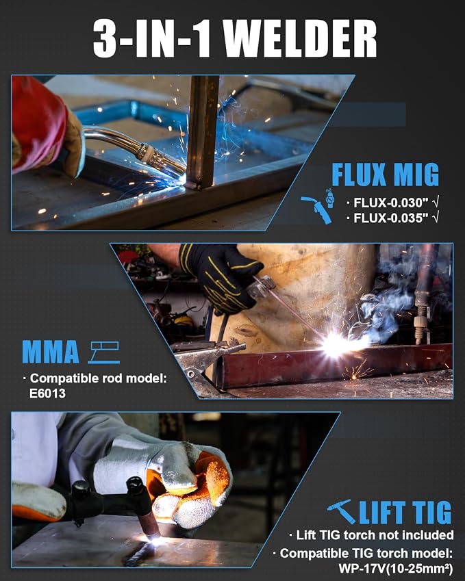 AZZUNO MIG Welder 135A & Welding Helmet Auto Darkening with True Color Large Viewing 3.94"×3.82", 3 in 1 MIG Welder Machine Flux Core Welder/Lift TIG/Stick Welding Machine