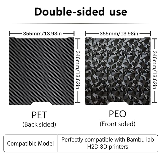 355x346mm H2D Build Plate for Bambu Lab H2D/H2S,Double Sided PEO PET Flexible Removable Spring Steel Heated Printing Bed Platform,Removable Heated Bed for H2D Combo/H2S(Carbon Fiber+Diamond)