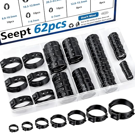 62Pcs 7 Sizes 304 Stainless Steel Black Single Ear Hose Clamps 6-23.5mm Crimp Hose Clamps Assortment Kit Perfect for Automotive/Home Appliance/Water Pipe and Fuel Line