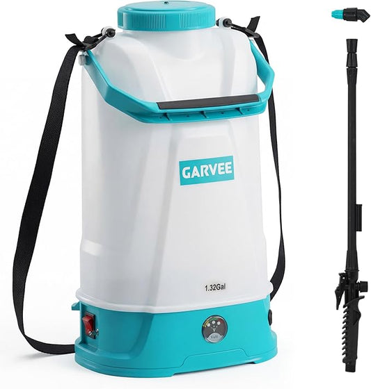 1.32 Gallon Battery Powered Sprayer with Adjustable Shoulder Strap, 0-60 PSI Adjustable Pressure, Electric Sprayer with 1 Nozzles and 1 Wands, 12V 2Ah Battery, Wide Mouth Lid for Weeding, Spraying