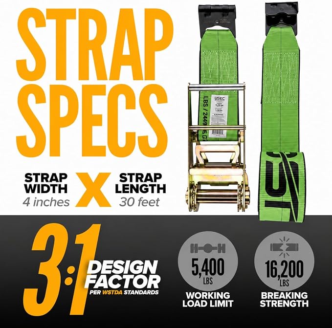 US Cargo Control Flat Hook Ratchet Straps 4” x 30’ (4-Pack), 5,400 LBS Working Load Limit, Green 4 Inch Ratchet Straps with Black Flat Hooks, Professional 4 Inch Straps for Flatbed Trailers
