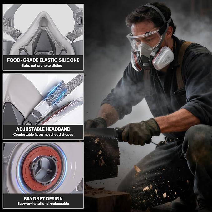 TICONN Reusable Respirator Mask with Filters, Gas Mask with Anti Fog Safety Glasses, Anti-Dust Half Face Cover Respirator