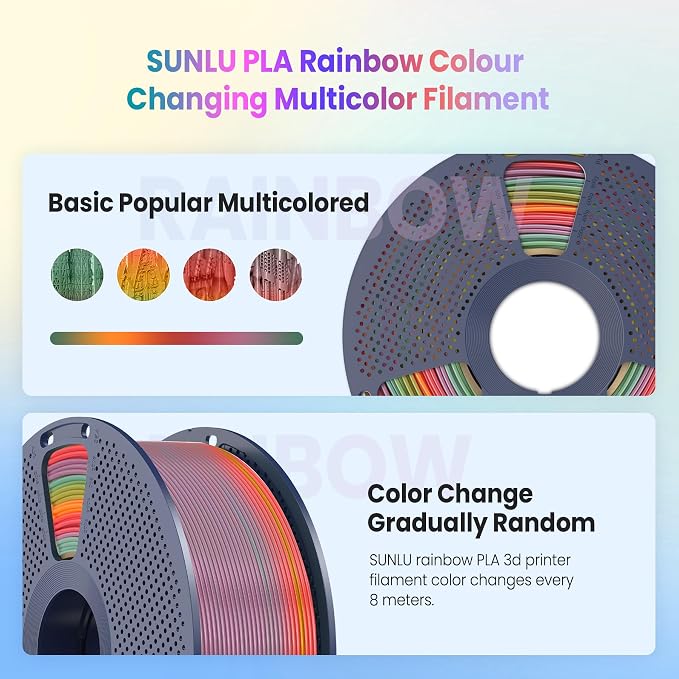 SUNLU Rainbow PLA Filament 1.75mm, Multicolor Gradient 3D Printer Filament, Neatly Wound 3D Printing Filament, Dimensional Accuracy +/-0.02mm, 1KG Spool(2.2 lbs), Rainbow PLA 01