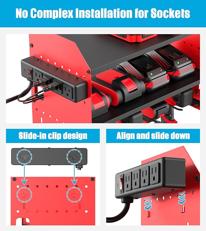 CCCEI Modular Power Tool Organizer Wall Mount with Charging, Red, 1 Pack | Drill & Battery Storage Rack with Peg Hooks, Garage Workshop, Gifts for Men, Husband, Anniversary, Birthday