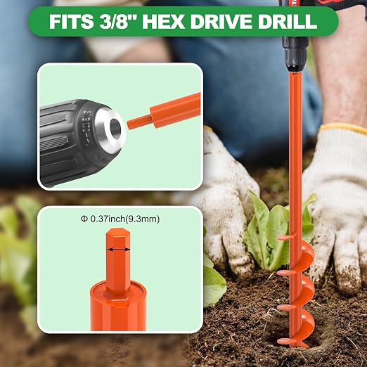 SELEWARE Auger Drill Bit for Planting 3"x32" Drill Auger for 3/8" Hex Drive | Orange Heavy-Duty Steel Garden Auger Drill Bit, Bulb Planter Tool, Auger Post Hole Digger for Bulbs, Flowers, Fence Posts