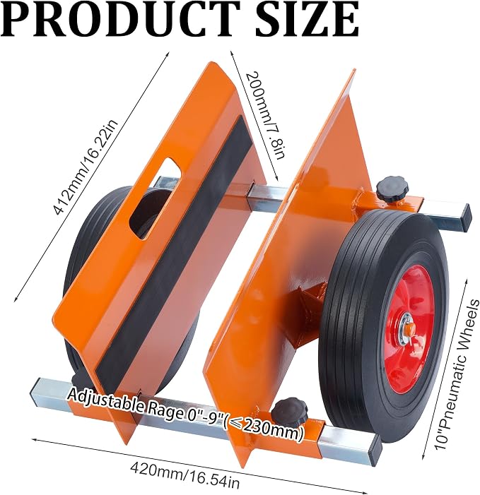 Heavy Duty Panel Dolly Orange 1100LBS Capacity Door Dolly with 10" Solid Wheels, Adjustable Drywall Mover Panel Drywall Cart Material Handling All Terrain Slab Cart