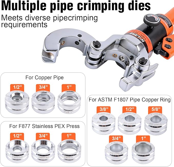 HZLZRZ Pro Press Copper 11 Dies Set with for 1/2" 3/4" 1" Copper Pipe and F877 PEX Crimper Tool Kit. ASTM F1807 PEX Copper Rings 5 Dies 3/8" to 1", Professional Tool for Plumbing Systems(YQK/1632C)