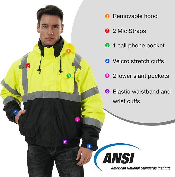 SKSAFETY 3-in-1 High Visibility Winter Bomber Jackets Zip Out Fleece Liner Reflective Safety Coats for men Waterproof ANSI/ISEA Class 3(Lime 4XL)