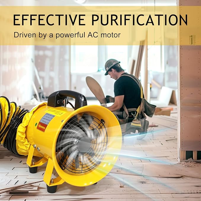 10 Inch High-Velocity Portable Utility Blower Fan with 16-Foot Vinyl Hose | 1840CFM Heavy Duty Cylinder Axial Fan |Exhaust Fan Ventilator for Basements, Workshops, Warehouses