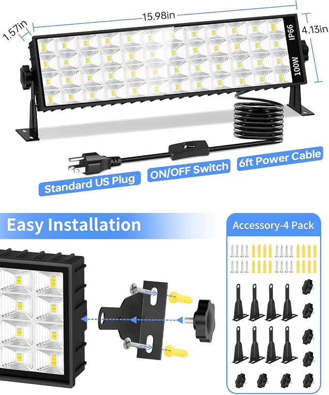 4 Pack LED Shop Light, 100W 11000LM Ultra Brighter, Plug in Garage Light with On/Off Switch + 6FT Cord, 6000K IP66 Waterproof Bay Lighting for Garage Workshop Workbench Warehouse Factory Yard Outdoor