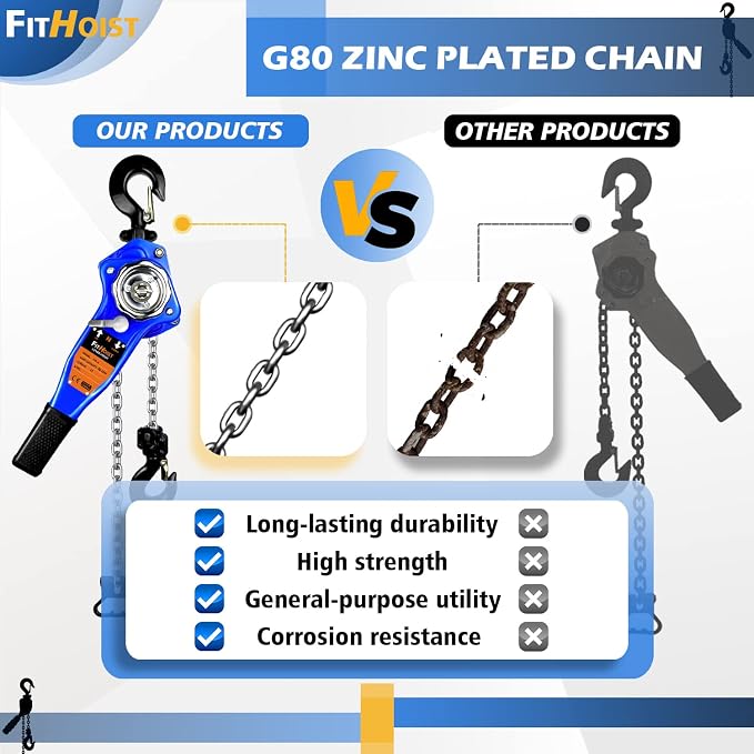 Lever Chain Hoist 1650LBS Capacity 10FT Manual Ratchet Chain Puller Hoist with 2 Hooks for Open-Air and Unpowered Operations (1650LBS 10FT)