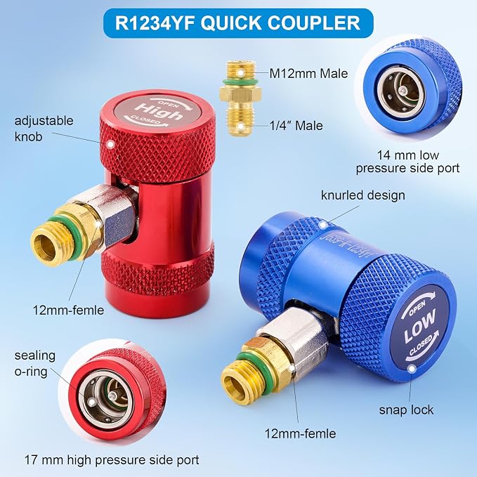 A2L Manifold Gauge Set, 3 Way AC Refrigerant Charging Hoses, R1234YF High and Low Quick Coupler with R1234YF Self-Sealing Can Tap, 5FT HVAC Manifold Gauge Hose Kit for R1234YF/R410A/R32/R454B/ system