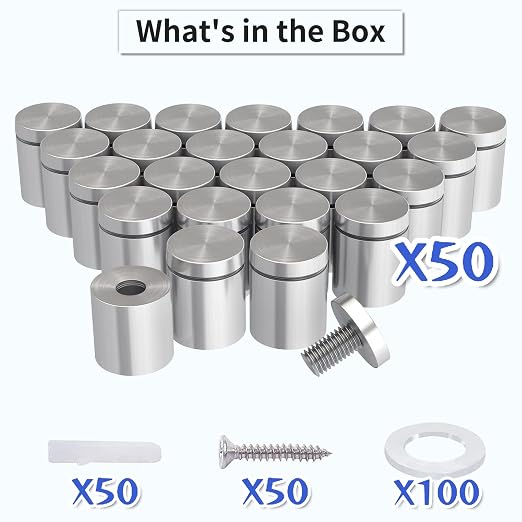 LuckIn 50-Pack Standoff Screws (1 in. Dia x 1 in. L), Stainless Steel Standoff Mounting Hardware for Acrylic Signs, Silver