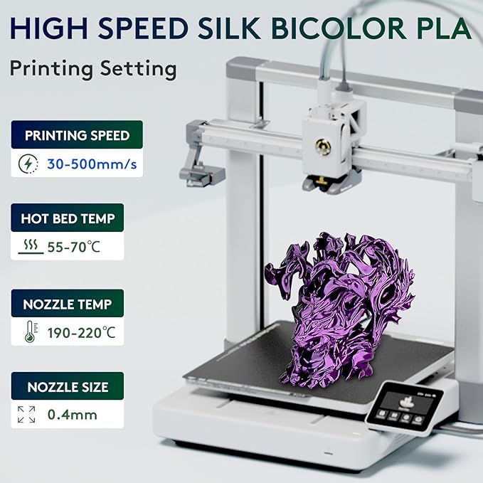 ERYONE Silk Dual Color PLA Filament 3D Printer 1.75mm +/- 0.03mm, Bicolor Filament Two Tone PLA 1KG(2.2lbs) Cardboard Spool, Black Purple