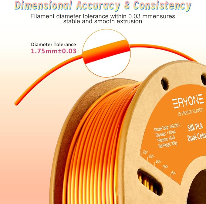 ERYONE PLA Filament 3D Printer Filament Multicolor 1.75mm +/- 0.03mm, PLA Filament 250g Spool, Silk Dual Color Red Gold