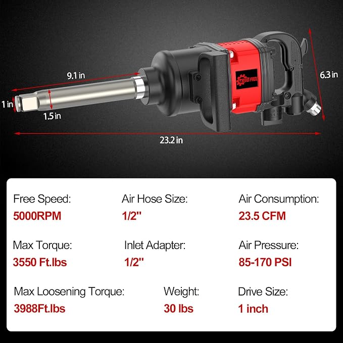 Trivd Frol Air Impact Wrench 1 inch Impact Gun 1 Inch Impact Wrench, Up to 3550 Ft.lbs, 5000RPM High Torque Pneumatic Impact Wrench with 32mm-33mm Sockets, 1/2" Air Inlet for Heavy Duty Repairs