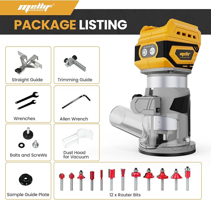 Cordless Brushless Compact Router Compatible with Dewalt 20V 60V Battery(Bare Tool),Palm Router with 5 Speed,28000RPM 600W, Fixed Base, 12PCS 1/4" Router Bits for Woodworking, Edge Trimming, Grooving