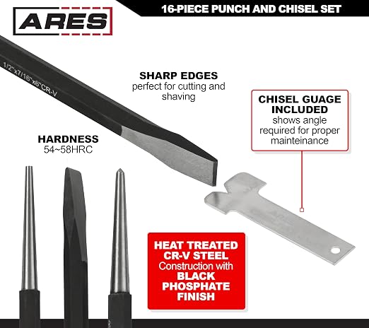 ARES 50005-16-Piece Punch and Chisel Set - Tapered, Pin, Center Punches & Cold Chisels for Various Applications