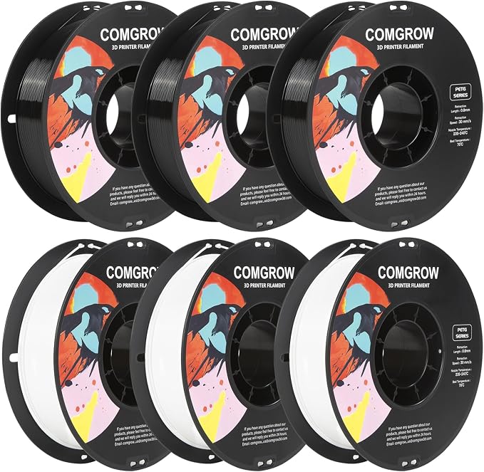 Comgrow PETG 3D Printer Filament 1.75mm, High Precision and Tough 3D Printer Filament 6 Rolls*1kg, Dimensional Accuracy +/- 0.02 mm, Fit Most 3D Printers 3pcs White+ 3pcs Black