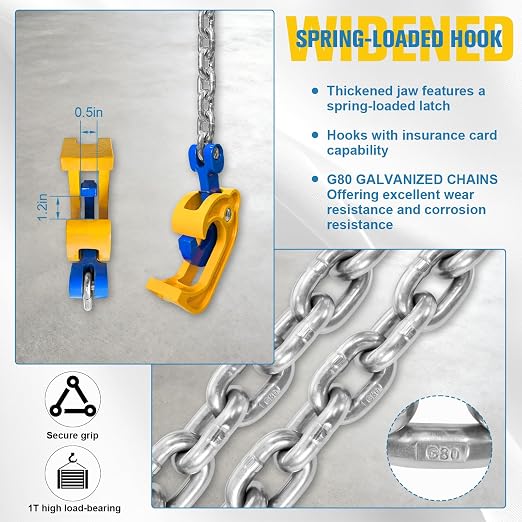 1-Ton Chain Drum Lifter 2200 lbs Vertical Drum Lifter with Self-Locking Hook Barrel Clamp for 55 Gallon Drum Lift Industrial Lifter for Chemical Construction & Port Applications