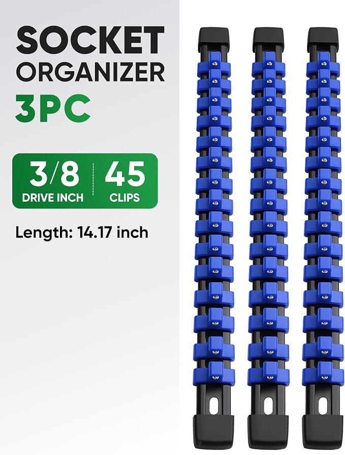 ALOANES 3PC ABS Socket Organizer, Socket Rails Fit 3/8 inch Drive | Portable Heavy Duty Socket Holders Hold up 45 Sockets for Toolbox Drawer Bags(Blue)