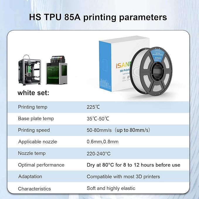 iSANMATE 85A TPU Filament 1.75mm, White, 1kg | iSANMATE Filament; Soft Flexible TPU HF; Compatable with Bambu Lab & most FDM 3D Printers; 1kg/2.2lbs; 50-80mm/s