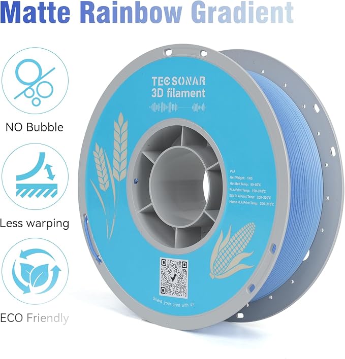 TECSONAR Matte Rainbow 3D Printer Filament 1.75mm,Gradient PLA 1kg Spool (2.2lbs), Dimensional Accuracy +/- 0.02 mm Matte Blue White