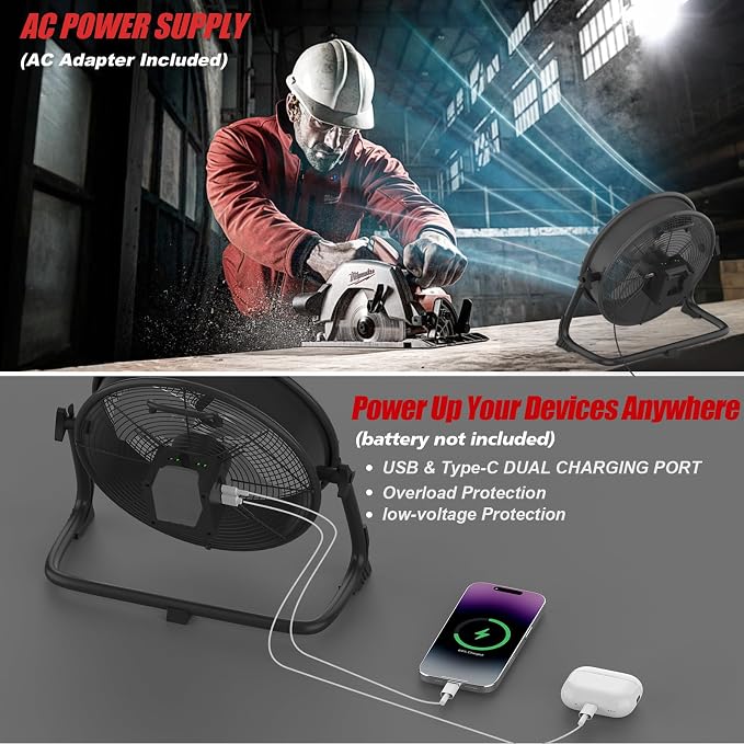 12" Battery Operated Floor Fan Compatible with Milwaukee M18 18V Battery, Portable Fan with AC Adapter and USB Output, Metal Industrial High Velocity, Stepless Speed Cordless Fan for Jobsite Garage