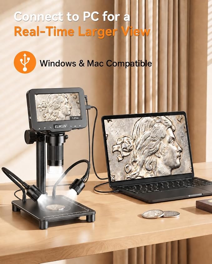 Elikliv Microscope with Weighing Scale, Digital Magnifier for Error Coins, Jewelry Magnifying Glass with Lights, 4.3" LCD Screen 12MP Camera 1080P Video USB PC View for Adults Collectors Supplies