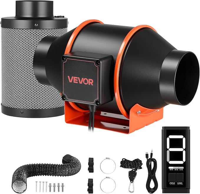 VEVOR Inline Duct Fan Kit with Carbon Filter, 205 CFM 4 inch EC Motor Ventilation Fan with 3-Speed Circulation, 10-Speed PWM Controller, Timer, Cooling for Grow Tents, Indoor Gardening, Hydroponics