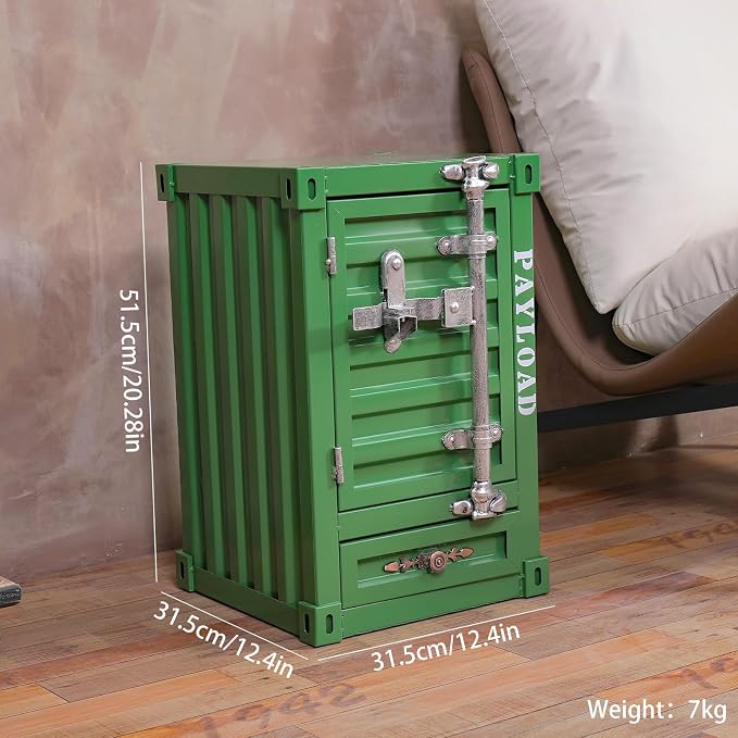 Industrial Shipping Container Nightstand - 20 Inch 3-Tier Iron Bedside Table with Drawer, Handcrafted Rustic Distressed Metal End Table for Bedroom, Bar, Garage (Green)